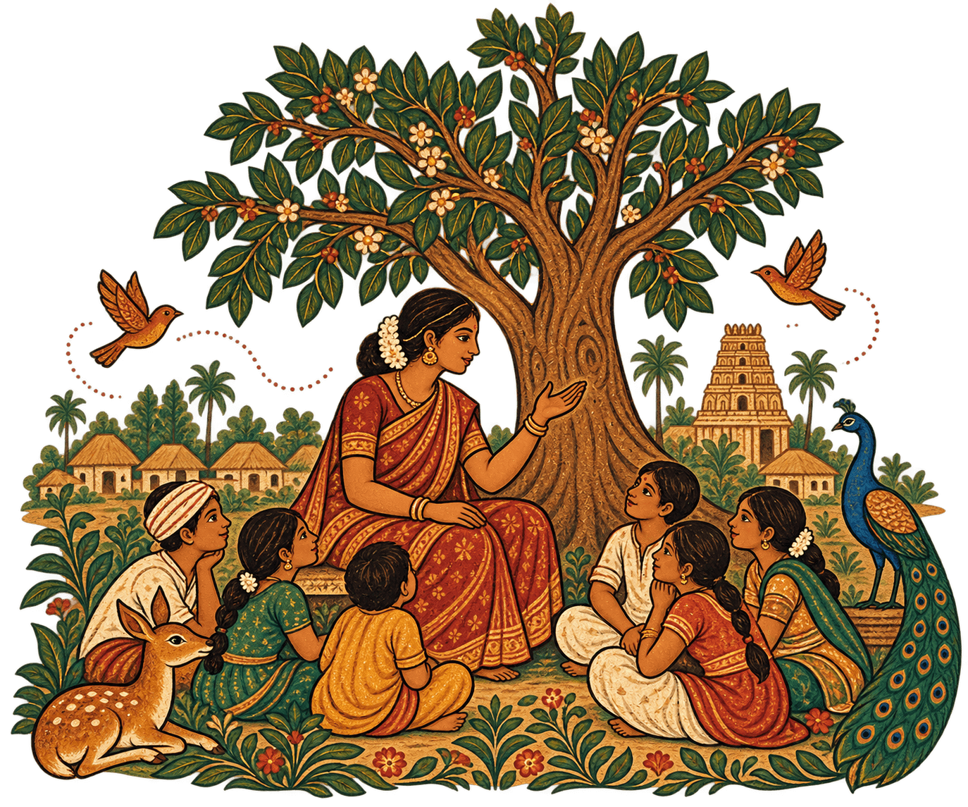 Traditional Indian storyteller sharing a Katha with children beneath a tree
